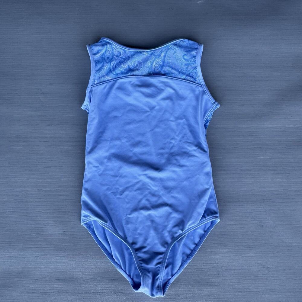 Mirella Girls Blue Leotard Size 8 Cutout Back Sheer Paisley Rhinestones